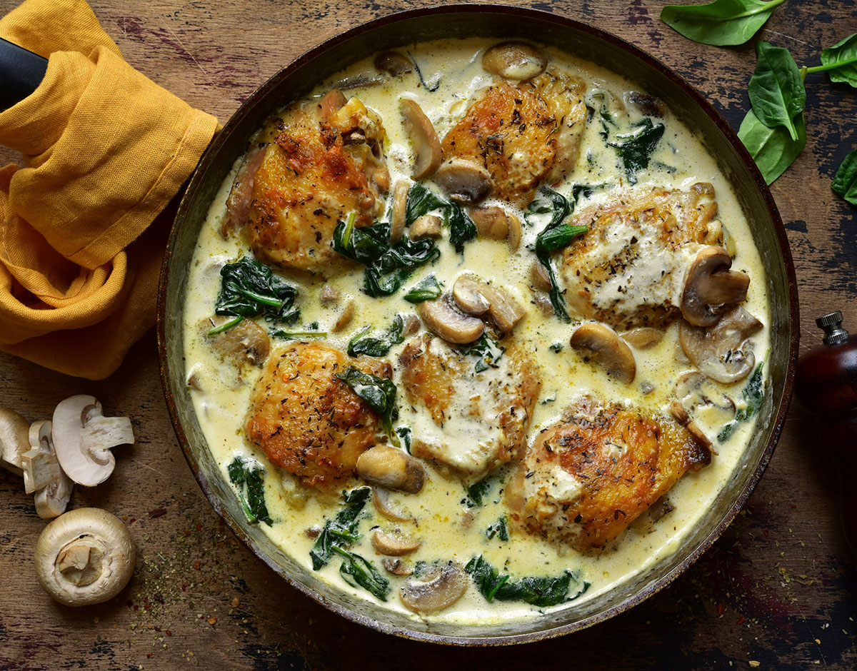 Creamy Chicken Thighs with Spinach and Mushrooms