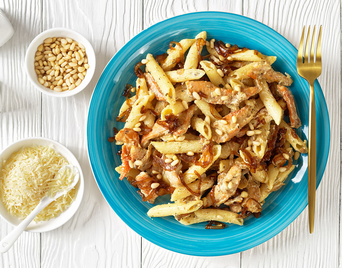 Creamy Penne Pasta with Caramelized Onions and Pine Nuts