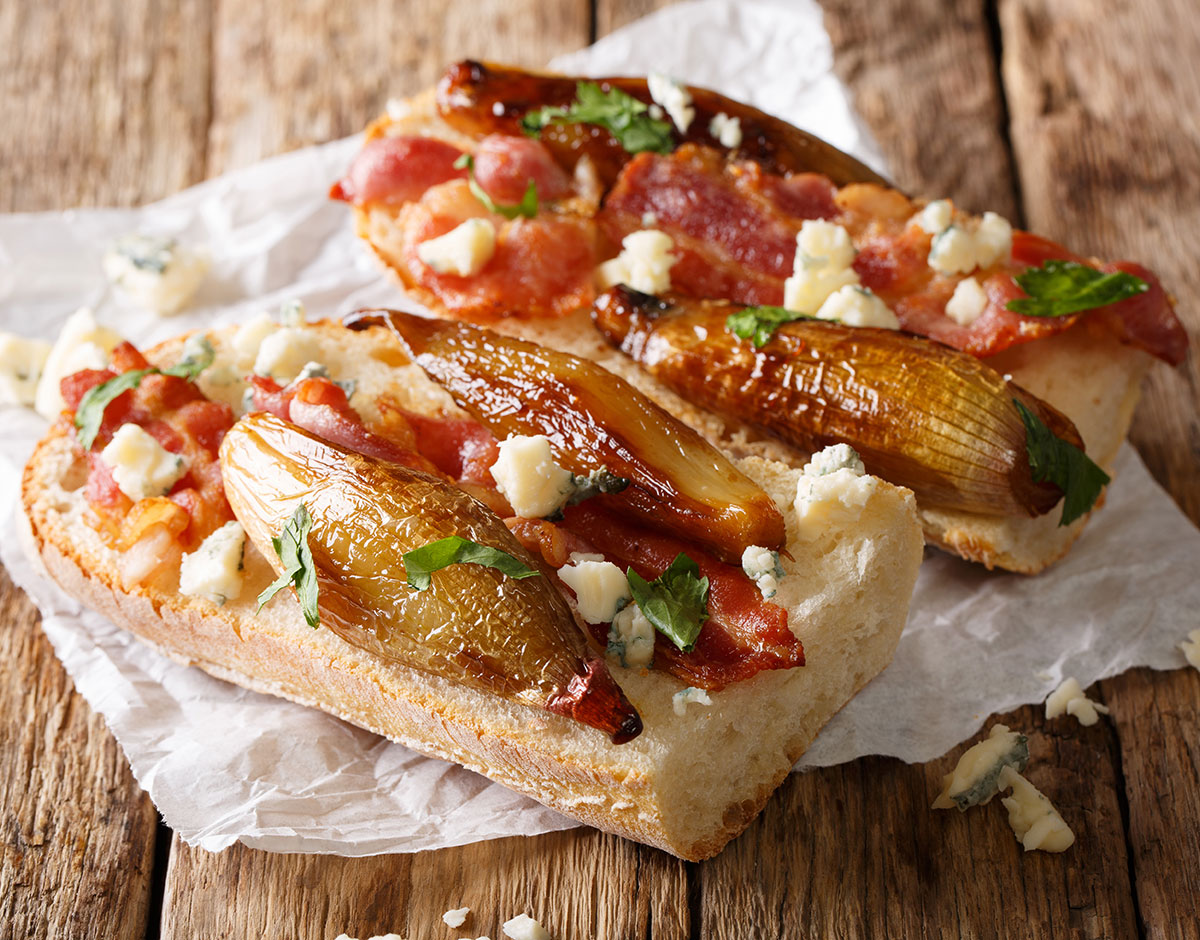 Open-faced Shallot, Bacon and Roquefort Sandwiches