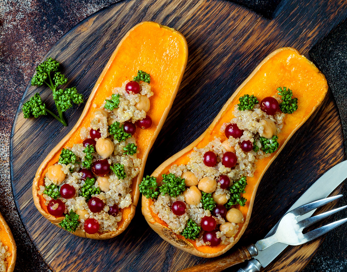 Stuffed Butternut Squash with Chickpeas, Quinoa and Cranberries