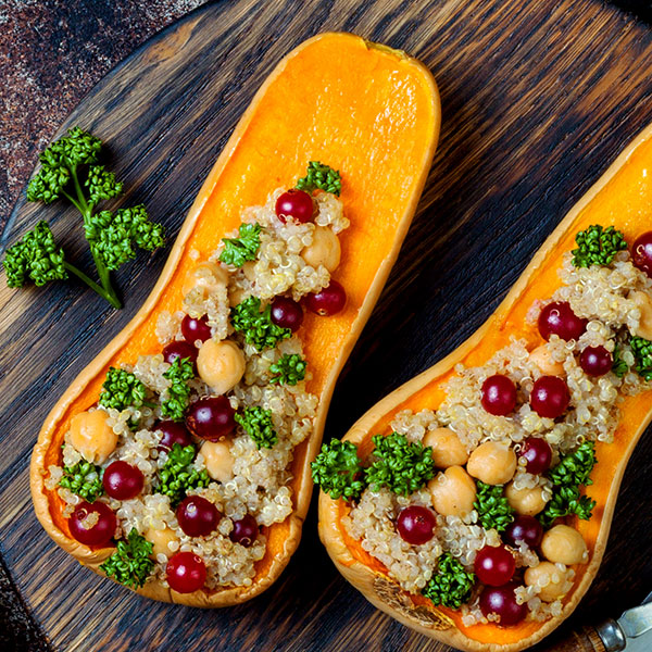 Stuffed Butternut Squash with Chickpeas, Quinoa and Cranberries