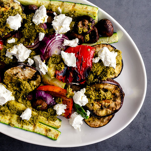Grilled Summer Veggies with Goat Cheese and Pesto