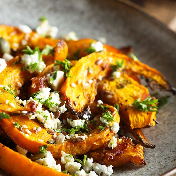 Roasted Pumpkin with Shallots, Blue Cheese and Bacon