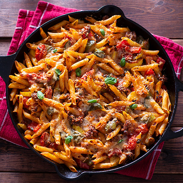 Penne and Ground Beef Bake with Sun-dried Tomatoes
