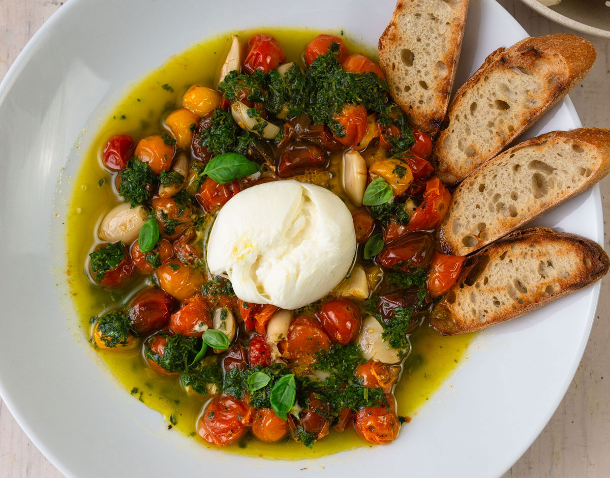 Roasted Cherry Tomatoes with Garlic and Burrata