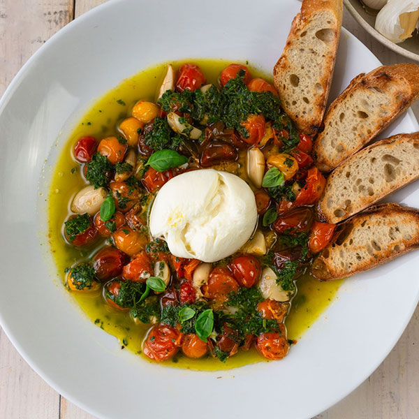 Roasted Cherry Tomatoes with Garlic and Burrata